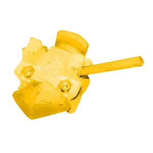 Gelber Container-Twistlock mit Hebel, freigestellt.