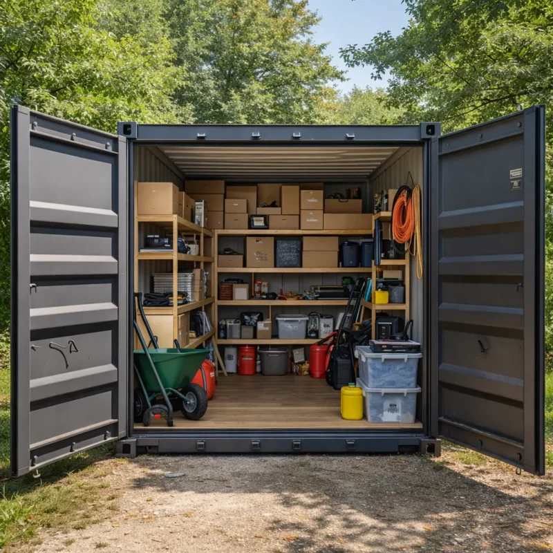 Container kaufen: dunkelgrauer 20-Fuß-Lagercontainer als sicheres Gartengerätehaus mit Regalen und Werkzeug