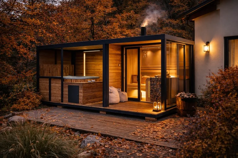 Container kaufen: moderne container-sauna im herbstgarten mit whirlpool und holzterrasse