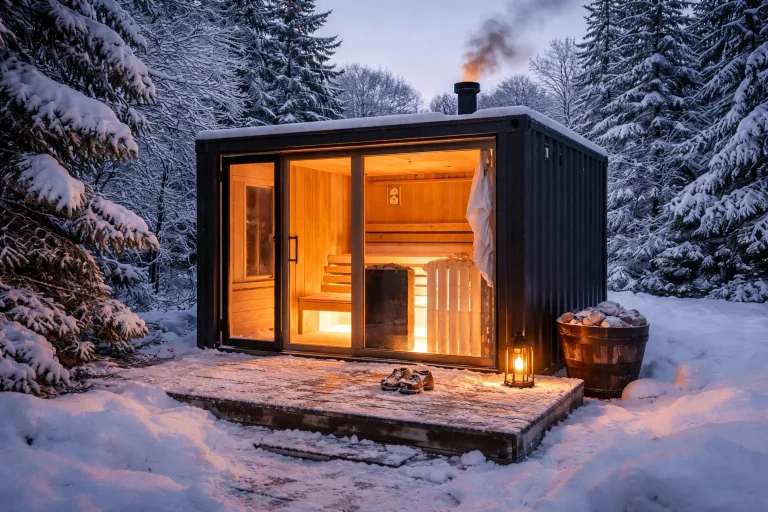 Container kaufen: winterfeste container-sauna draußen im schnee mit holzterrasse und holzofen
