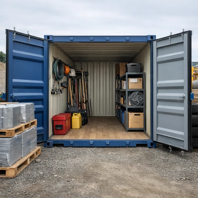 Offener blauer Seecontainer als Lagercontainer mit Regalen und Werkzeug