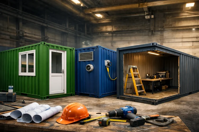 Container-Umbau & Umlackierung aus einer Hand: Türen/Fenster, Lüftung, Stromdurchführung und Open-Side-Ausschnitt.
