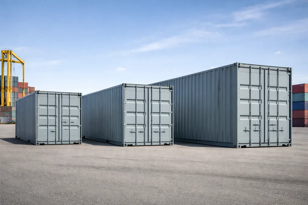 ISO-Container im Vergleich: 20-Fuß, 40-Fuß und 40-Fuß High Cube mit typischen Außenmaßen
