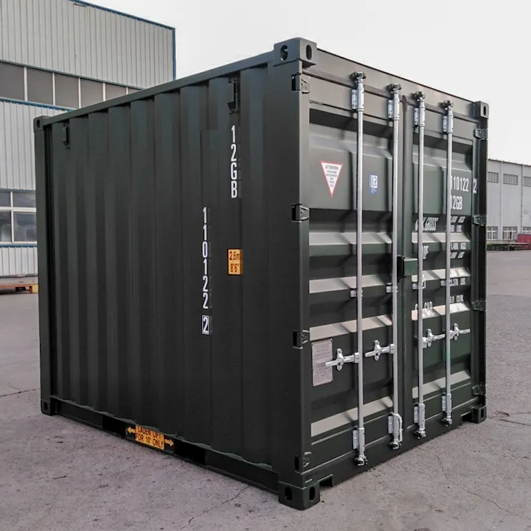 10 Fuß High Cube Container in Dunkelgrün, Front- und Seitenansicht mit geschlossenen Türen.