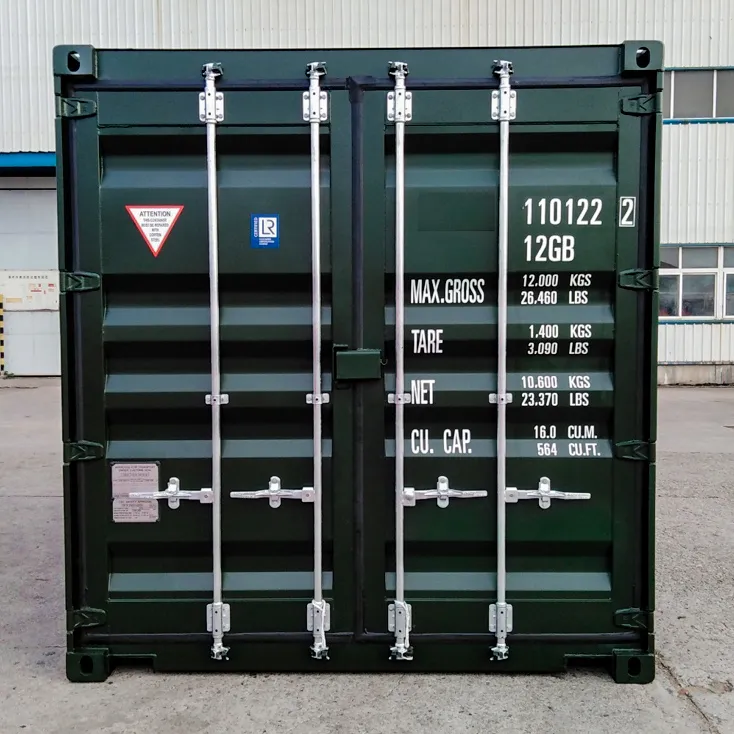 10 Fuß High Cube Container in Dunkelgrün, frontale Ansicht mit geschlossenen Türen.