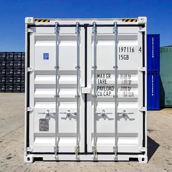 10 Fuß High Cube Container in Weiß, frontale Ansicht mit geschlossenen Türen.